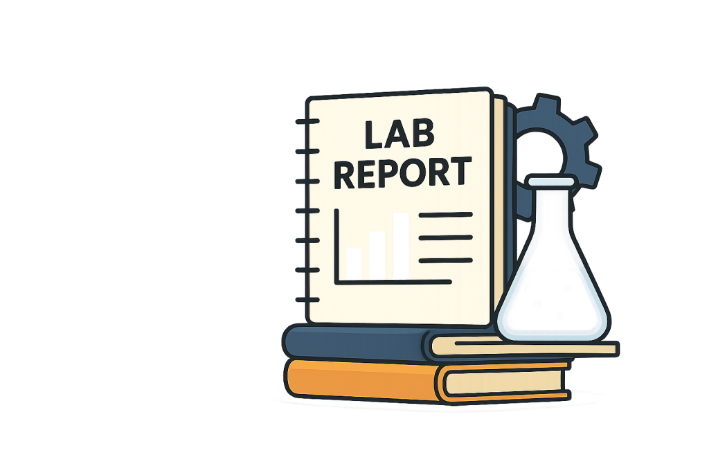 Lab report notebook with books and chemistry flask illustration