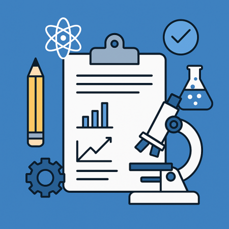 Flat illustration of a lab report on a clipboard with microscope, pencil and science icons