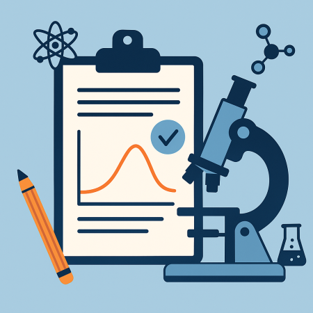 Flat illustration of a lab report with graph and microscope representing results and discussion sections
